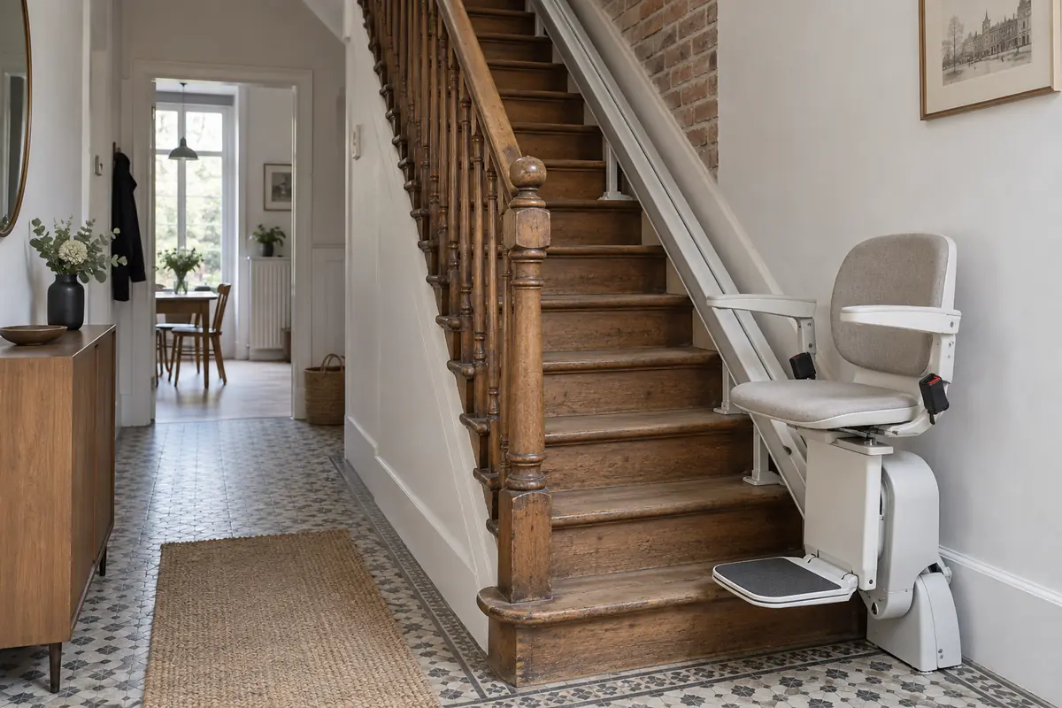 Illustration d’un monte-escalier installé le long d’un escalier intérieur en bois